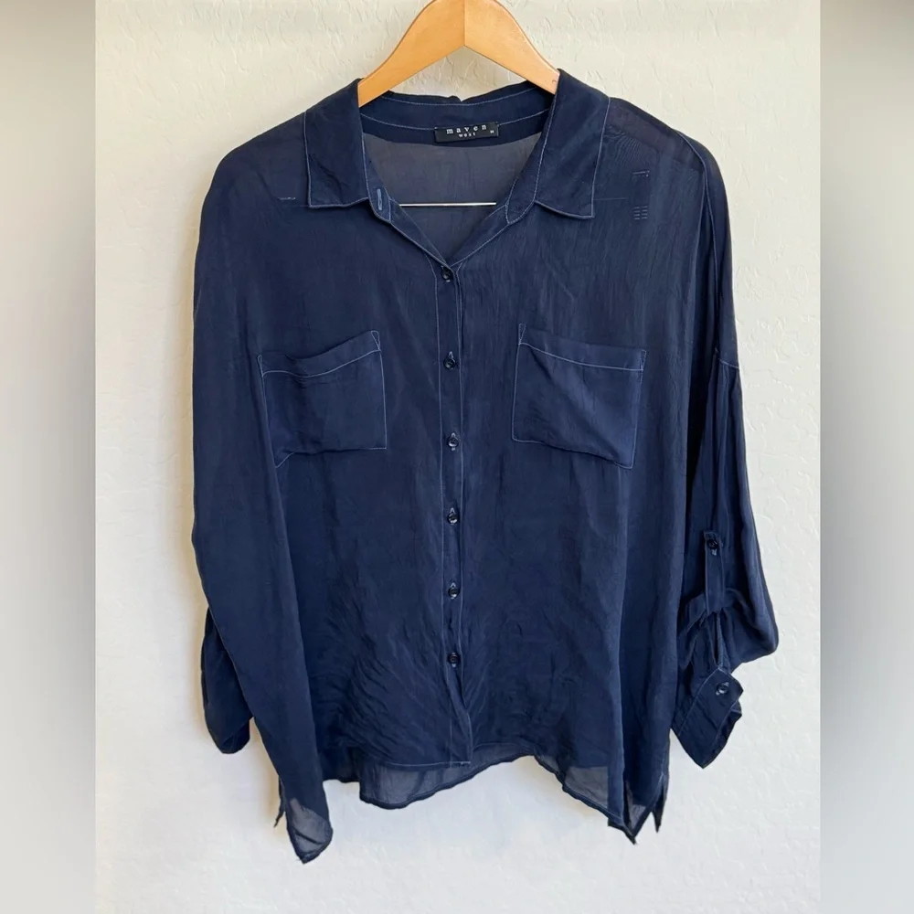Maven West Women’s Navy Sheer Collared Button-Up Top - Size Medium Silky Fabric - Picture 1 of 4